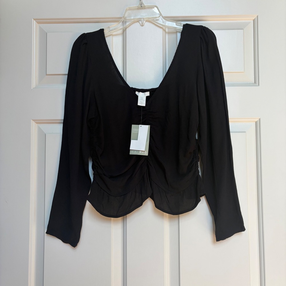 Black Ruched Peplum Blouse Long Sleeve Smocked Back Whimsigoth Fairy Medium H&M